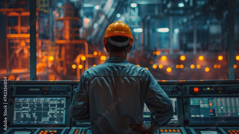 Engineers man programming machines to process recycled plastic materials efficiently on the control room background. Engineers man programming machines to process recycled plastic materials efficiently on the control room background.