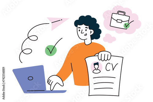 Employee sending cv, woman applying for job, flat composition with laptop, doodle icons of sending mail, human resources vector illustration, showing resume with work experience, hr concept