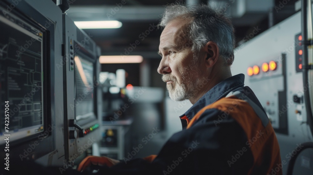 Engineers man programming machines to process recycled plastic materials efficiently on the control room background. Engineers man programming machines to process recycled plastic materials efficiently on the control room background.