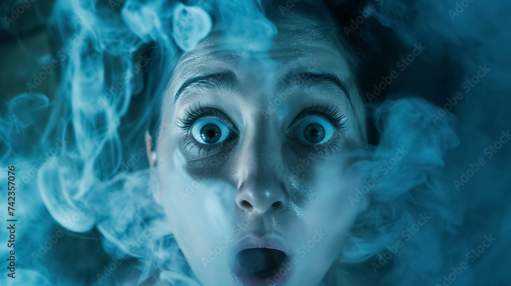 Shocked face amidst swirling blue smoke. Shocked face amidst swirling blue smoke.