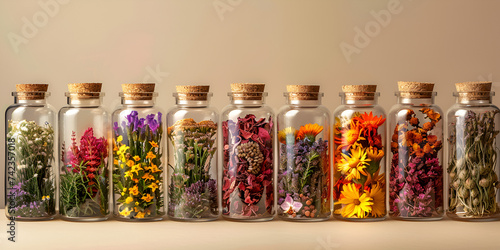 Healing herbs in glass bottles for dry herbal medicine on old wooden table Bottled medical dry flowers herbs and represent a form of alternative medicine 
