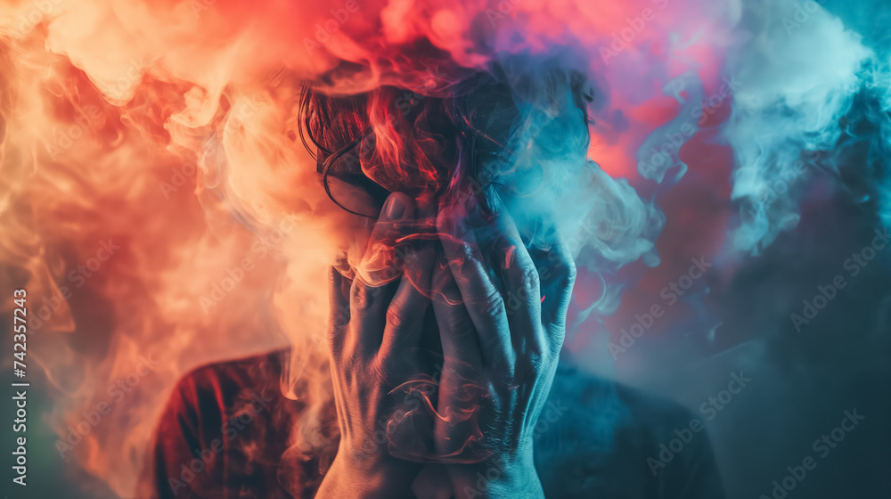 Person engulfed in vibrant smoky swirls. - obrazy, fototapety, plakaty 