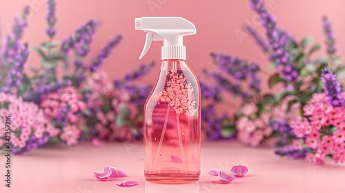 Mochup of lavender colored scene of cleaning products, advertisement or advertising spot.