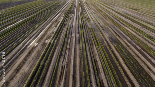 The intricate pattern of irrigation systems in a commercial field creates a symmetrical grid delivering water with precision to every crop. This precise watering system allows