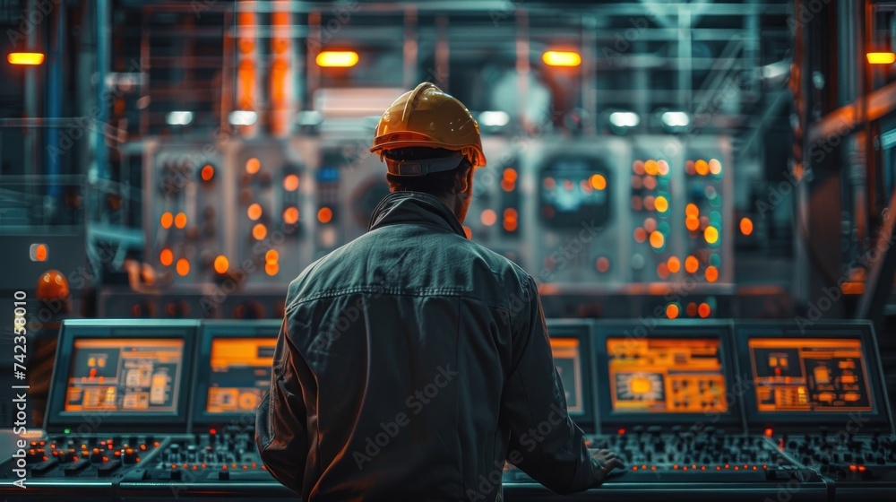 Engineers man programming machines to process recycled plastic materials efficiently on the control room background. Engineers man programming machines to process recycled plastic materials efficiently on the control room background.