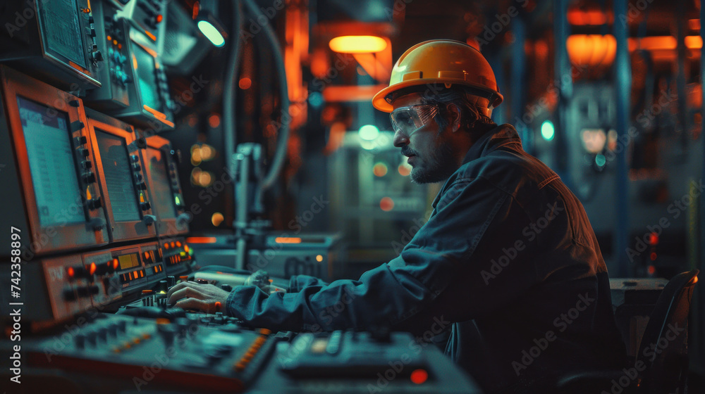 Engineers man programming machines to process recycled plastic materials efficiently on the control room background. Engineers man programming machines to process recycled plastic materials efficiently on the control room background.