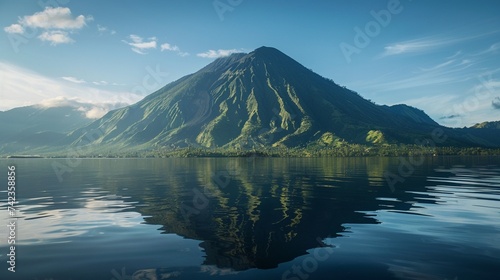 Volcanic mountain in morning light reflected in calm waters of lake