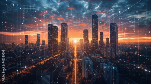 Cybernetic Cityscape at Sunset with Data Network Overlays photo