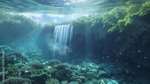 3D Visualization of a Majestic Subaquatic Waterfall Landscape