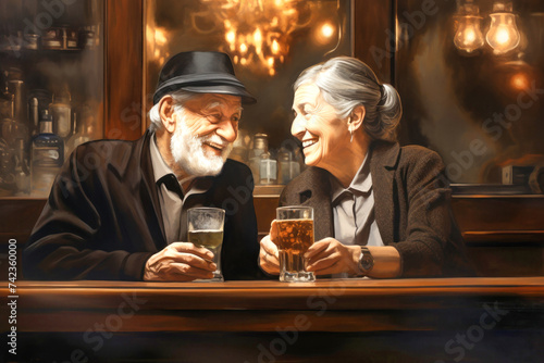 Painting of Elderly Couple Holding Wine Glasses