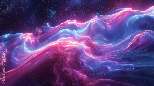 A 3D abstract background that captures the essence of a digital aurora borealis, with swirling neon lights against a dark