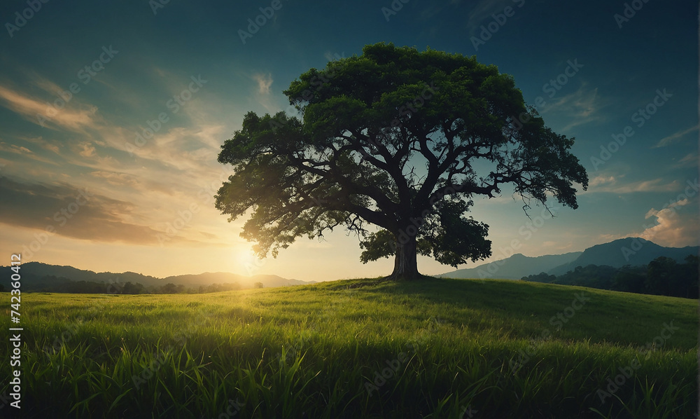 World environment day concept Silhouette alone tree on beautiful meadow wallpaper background - obrazy, fototapety, plakaty 