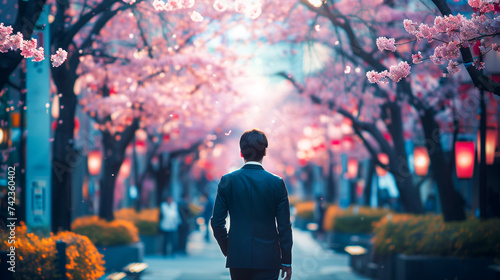 桜並木を歩く男性 photo