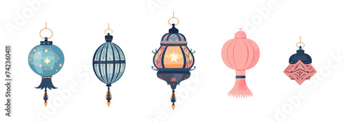 hanging Islamic lantern light set. Turkish ancient kerosene lamp collection. Middle east old lamp for Ramadan or Eid Mubarak concept. flat style isolated vector illustration