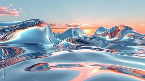 An abstract 3D landscape where metallic fluid forms undulate and merge in an endless sea under a gradient sky.