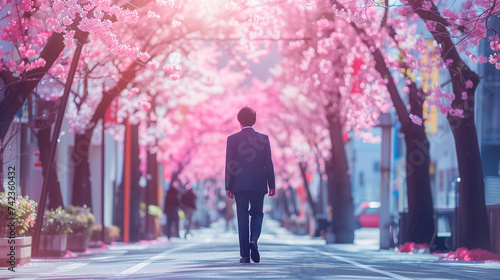 桜並木を歩く男性 photo