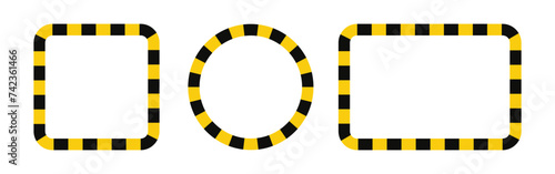 Warning square and circle frame with yellow black tape. Barricade lines. Round rectangle warn frame with text space set. Yellow and black caution tape border. Vector illustration on white background.