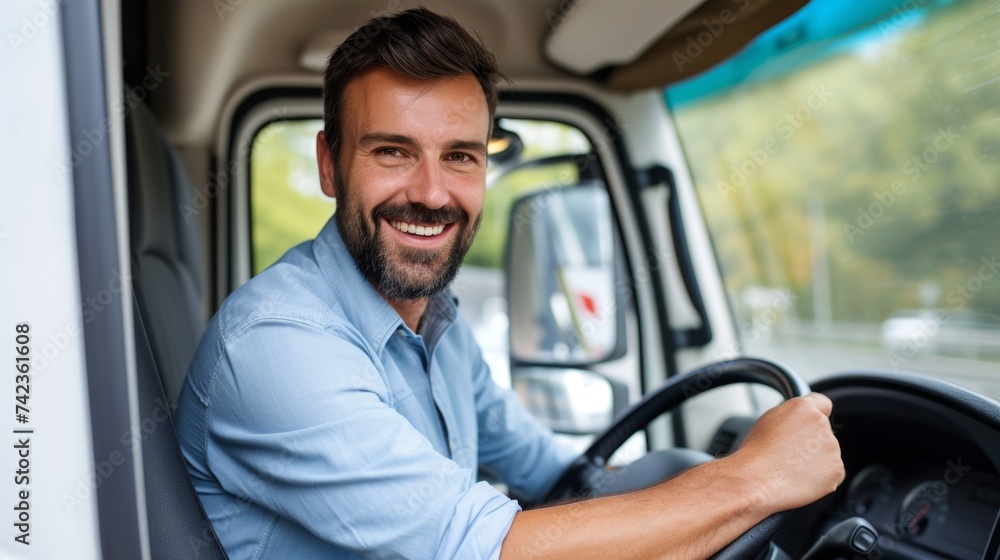 Friendly truck driver in the vehicle, great for transport, logistics, and delivery service promotions, Friendly truck driver in the vehicle, great for transport, logistics, and delivery service promotions,