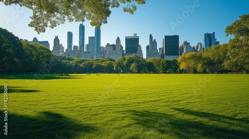 Lush greenery of Central Park contrasts against the urban New York City skyline, suitable for travel and city life.