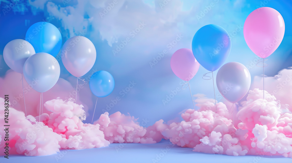 Background with pink and blue balloons floating in the clouds. Studio background adapted to photographs for toddlers, children. Copy space. Naturalist aesthetic. Soft and dreamy atmosphere.