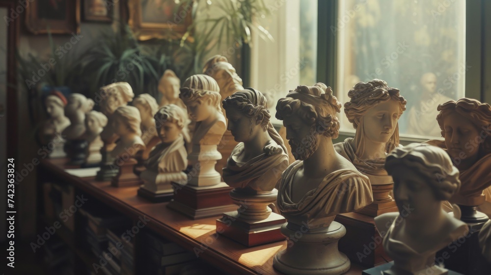 Collection of antique statues in the museum's storeroom - obrazy, fototapety, plakaty 