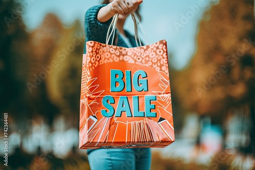 a man holding a shopping bag with the logo "Big Sale" in his hands. © Vasili
