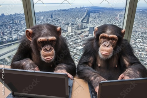 A modern office with panoramic windows overlooking the skyline of a skyscraper, monkeys depict office workers working on laptops.