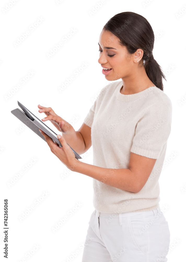 Woman, tablet and typing in studio for online career, research and social media for creative, information or website. Young designer with startup, project and digital technology on a white background Woman, tablet and typing in studio for online career, research and social media for creative, information or website. Young designer with startup, project and digital technology on a white background