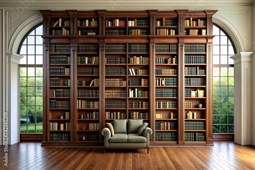 Classical library interior with bookshelves, Library interior.