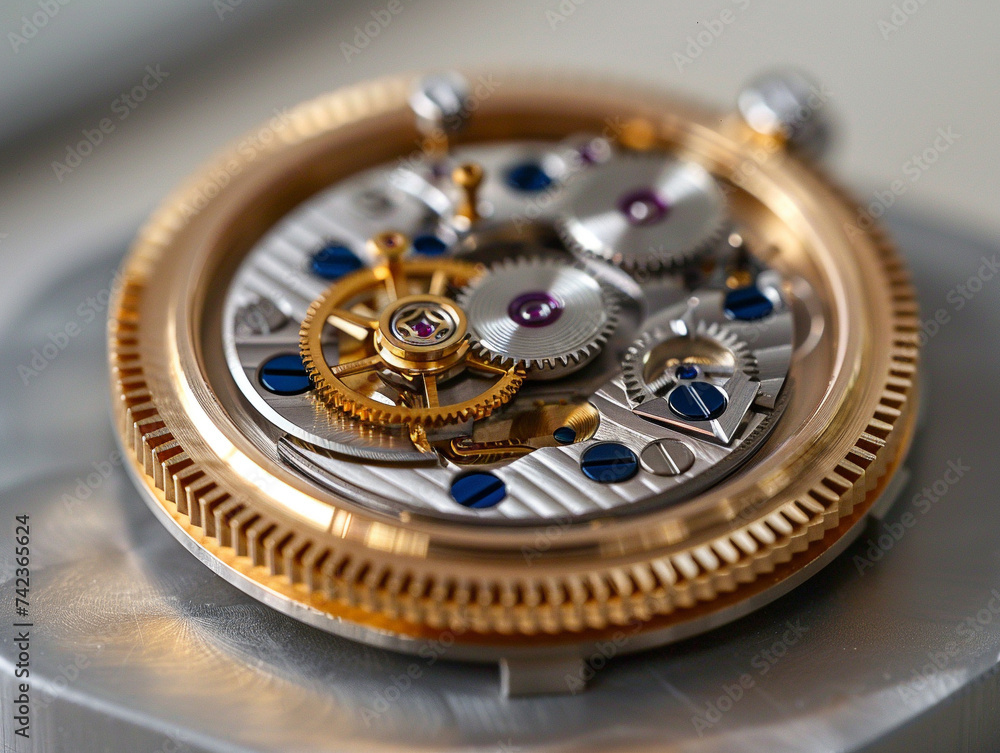Vintage wristwatch mechanism with gold gears and blue screws showcasing the elegance of traditional watchmaking