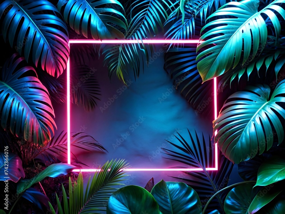 Neon frame with tropical leaves on dark background. Neon frame with tropical leaves on dark background.