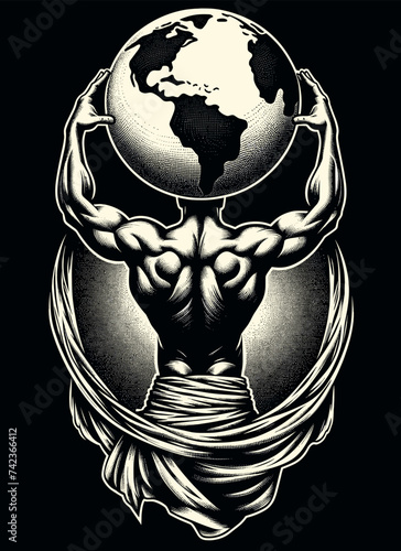 Muscular Atlas Lifting Globe in Dotwork Style