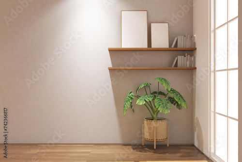 Wallpaper Mural Scandinavian interior of shelf with frame mock up on the wall. Design 3d rendering of white and woods. Design print for illustration, presentation, mock up, interior, zoom, background. Set 13 Torontodigital.ca