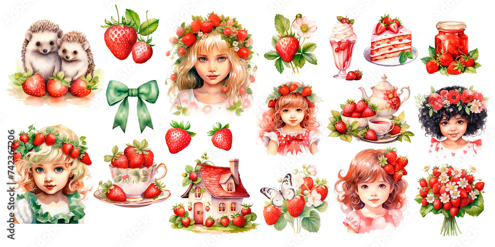 Watercolor illustrations set isolated on a white background, cute girl in red dresses, strawberries, flowers and strawberry bushes. Fairy tale characters, strawberry plants set. Kids illustration