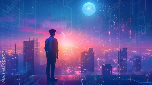 Futuristic Digital Economy: Silhouette of man in Virtual Cyber Technology, Virtual Technology Landscape Cyber Futurism Silhouette Background © ThamDesign