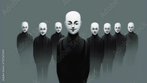 A line of people with all their faces blurred out except for one with a forced smile. Psychology art concept. . photo