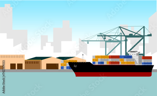 Cargo ship on the port with city background