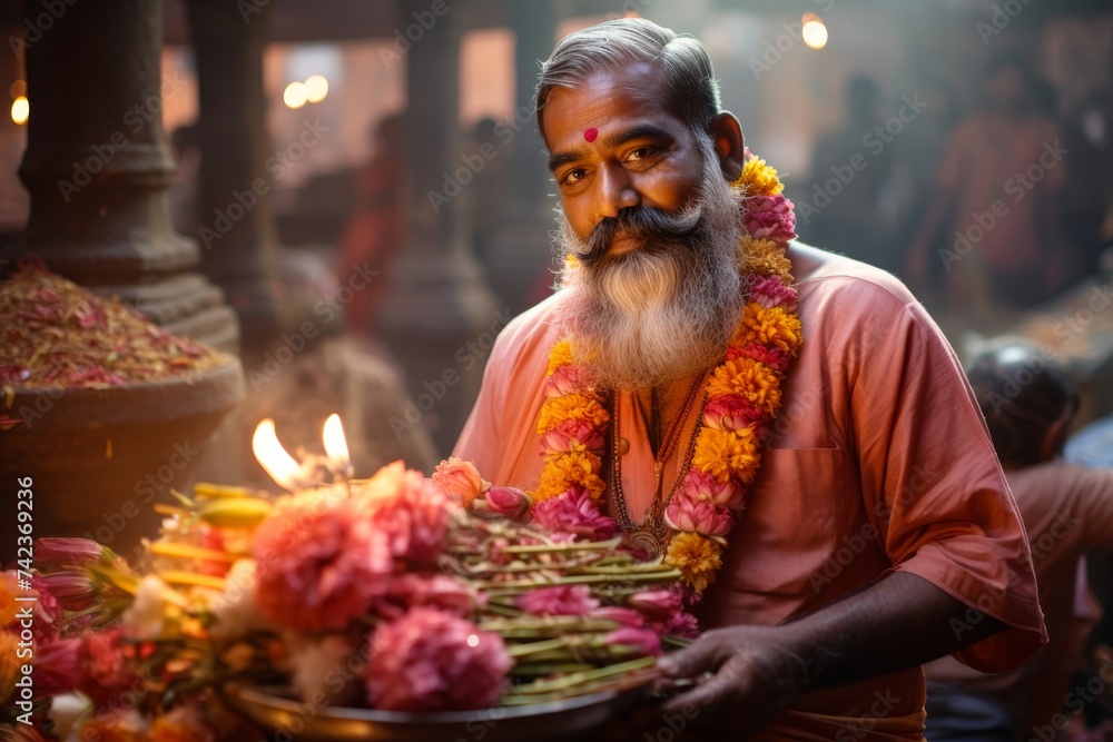 
Middle-aged Hindu priest in his 50s offering flowers to the deities in a colorful Indian temple