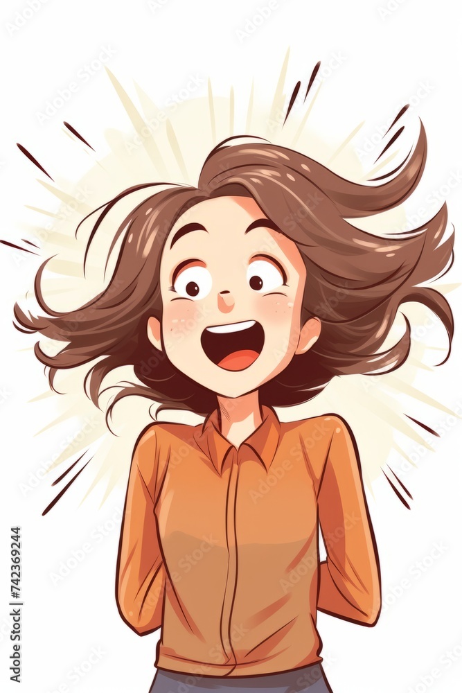 A woman with long hair is shown in the image, her hair blowing in the wind as she throws her head back in laughter. The movement of her hair captures a sense of freedom and joy