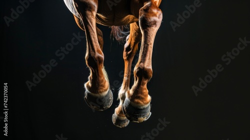Closeup of a horse's legs in a jump on a black background. Animal in motion
