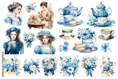 Watercolor llustration set Tea Time with teapot, cups, Victorian girls, flowers. Floral frame. Invitation to the tea party or birthday. Freehand drawing with imitation of chalk sketch photo