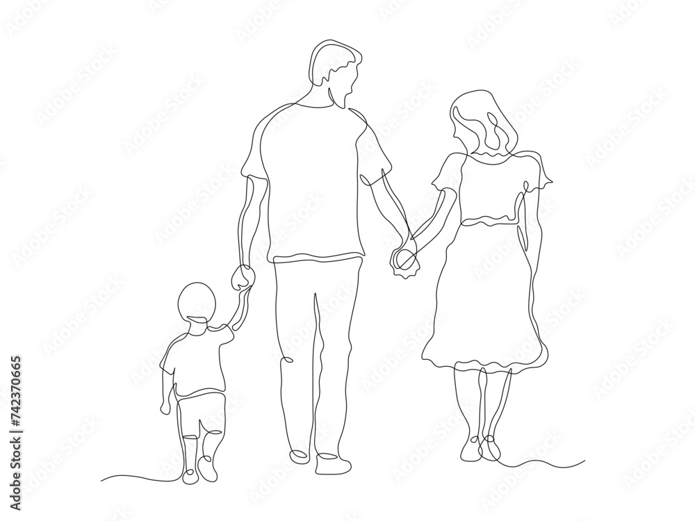 Abstract family, mom,dad and child holding hands on a walk.continuous single line art hand drawing sketch Abstract family, mom,dad and child holding hands on a walk.continuous single line art hand drawing sketch