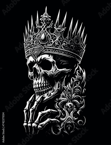 Monarch of Shadows: Majestic Skeleton with Crown in Dotwork Style