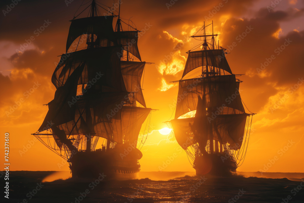 Navy vessels evade pursuing pirate ship with daring maneuvers. Sailboats race against time and tide to outmaneuver pursuers. Barrage of firepower - obrazy, fototapety, plakaty 