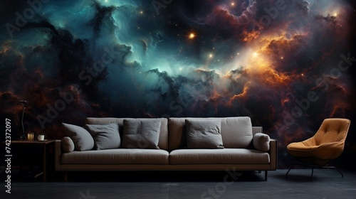 a celestial-inspired nebula wall, capturing the cosmic beauty of swirling gases and stars in a captivating display