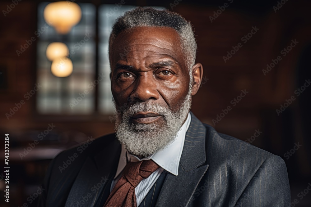 Elderly African American handsome man with a full, luxuriant beard and thick, bushy mustache, evoking wisdom and strength, against a backdrop of vintage-inspired brick walls Elderly African American handsome man with a full, luxuriant beard and thick, bushy mustache, evoking wisdom and strength, against a backdrop of vintage-inspired brick walls