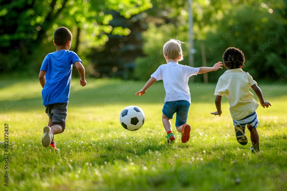 Obraz premium Elementary school children enjoy fun football, children playing soccer, children playing football, kids playing soccer