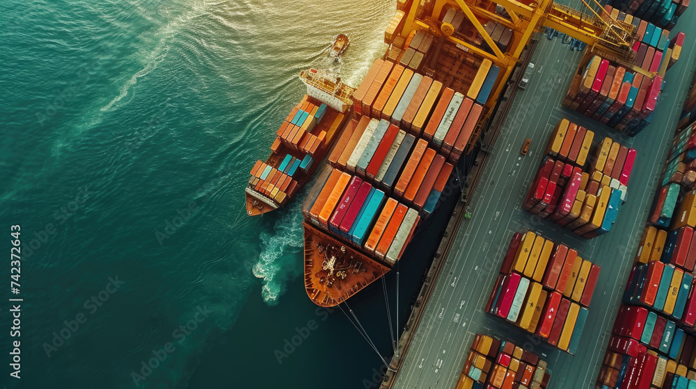 Container ship terminal carrying container boxes, global logistics ...