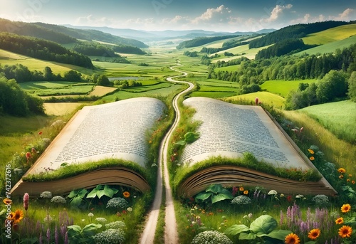 a giant open book with a picturesque rural road winding through its pages