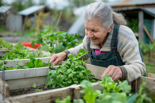 Joyful senior woman gardening in raised beds. Elderly lady with a bright smile tending to her lush vegetable garden